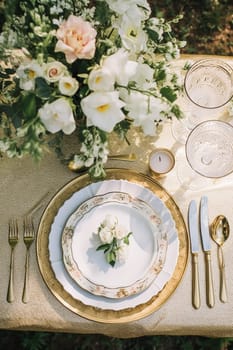 Holiday tablescape, golden formal dinner table setting, table scape with gold decoration for wedding party and event celebration, post-processed, generative ai