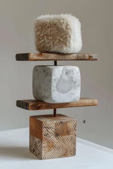 Three rectangular cubes made of natural hardwood are neatly stacked on a wooden shelf, showcasing a blend of art and fashion accessory