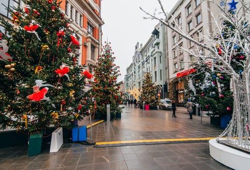 MOSCOW, RUSSIA - DECEMBER 23, 2016: New Year in Moscow, Arbat is decorated with Christmas trees and glowing lights