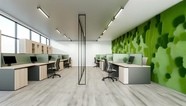 Decorative preserved forest moss on the wall in office interior, environmental design concept, vertical landscaping