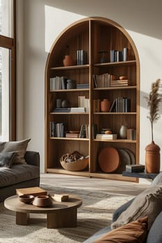 A living room with a large wooden bookcase and a coffee table. The bookcase is filled with books and a vase is on the table. The room has a cozy and inviting atmosphere