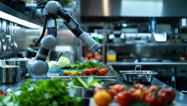 A robot arm is reaching for a tomato on a table by AI generated image.