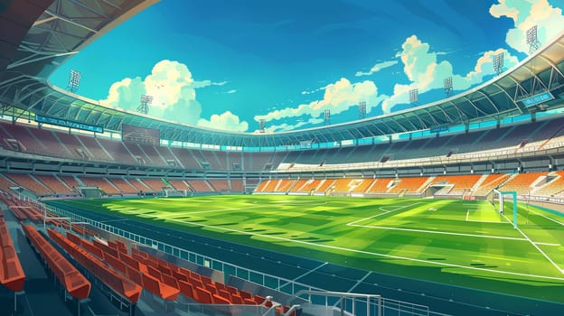 A painting showing a vibrant soccer field surrounded by a stadium filled with cheering fans.