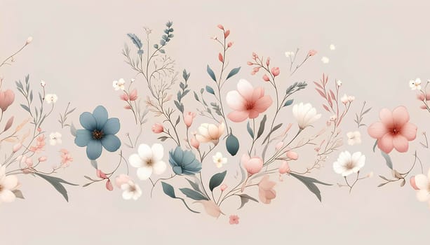 pattern of delicate spring flowers in pastel colors, minimalistic and airy design for elegant textiles or wallpaper.