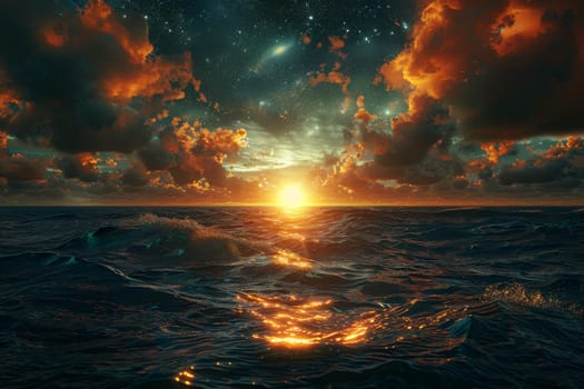 A beautiful sunset over the ocean with a bright orange sun. The sky is filled with stars and the water is calm