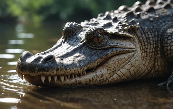 A closeup of a Nile crocodile laying on the ground with its mouth open, showcasing its powerful jaw, sharp teeth, and menacing gaze