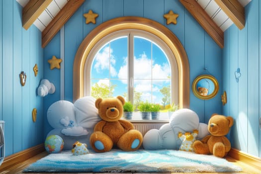 A room with a blue ceiling and a window. Three teddy bears are sitting on the floor in front of the window