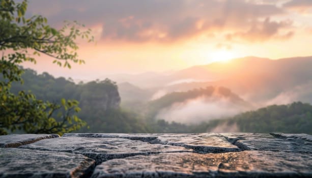 A mountain range with a foggy sky and a sun setting in the background by AI generated image.