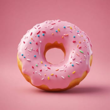 A pink doughnut with pink frosting and sprinkles, set against a pink background, is a delightful baked goods item perfect for indulging in a sweet treat