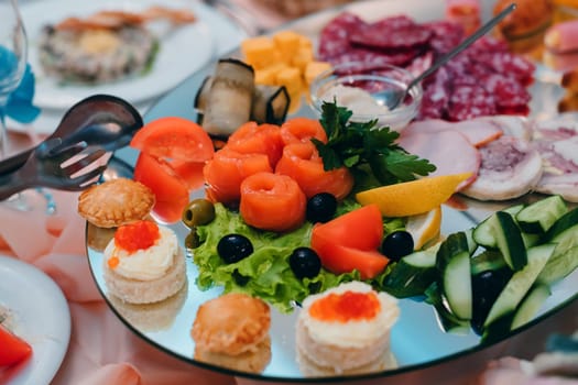 salmon slices with lemon, cucumber and olives on a snack plate at the restaurant on holiday