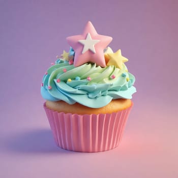 A pink cupcake with a star on top, made with baking cups and decorated with cake decorating supplies. This baked good is a delicious treat for any cuisine lover
