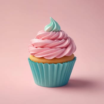 A delicious cupcake with pink and blue frosting, sprinkles on a pink background. Perfect for a sweet treat, baked goods lovers, cake decorating enthusiasts, or dessert lovers