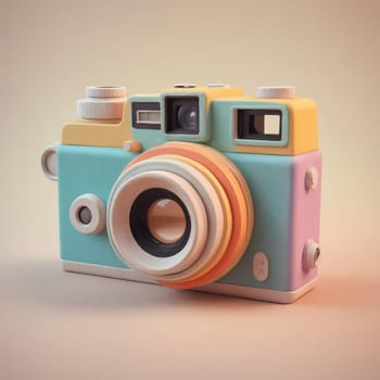 A charming clay render of a film camera with a palette of baby blue, pink, and peach against a complementary backdrop.