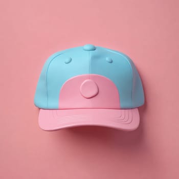 A magenta and electric blue baseball cap is displayed on a pink background. The headgear is made of plastic and serves as personal protective equipment