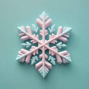 A blue and pink snowflake ornament made of nickel and metal, designed with a pattern resembling an evergreen twig on a pink background. A trendy fashion accessory inspired by natural materials