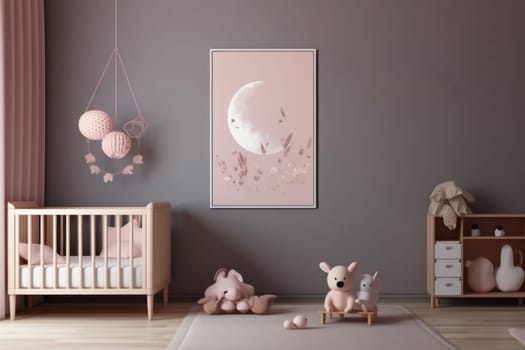 A charming nursery room with pastel tones, featuring a crib, soft toys, and a captivating moon poster, creating a soothing ambiance for a baby's restful sleep