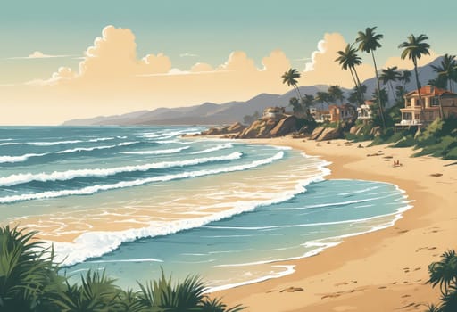 A serene beach scene, complete with palm trees and relaxed beachgoers under a calm sky, embraced by gentle hills.