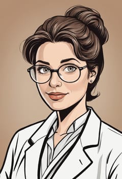 A lifelike digital illustration of a professional with wavy brown hair, dressed in a white coat over a blue shirt.