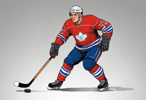 In the heart of the game, a fully equipped hockey player is captured mid-action, demonstrating the intensity of ice hockey.