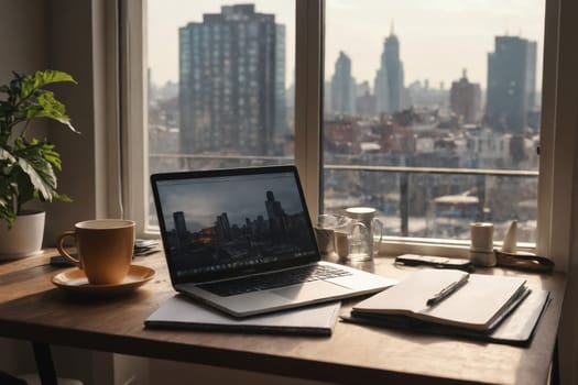 This inviting workspace setup features a laptop projecting an image of a city, accompanied by a ready-to-jot-down notebook, a pen, and a comforting cup of coffee.