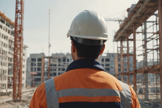 A peek into industrial life through the portrait of a construction worker donned in a visible yellow hard hat, captured amidst the billows of construction, standing as a testament to enduring workmanship.