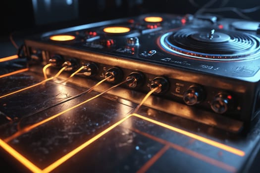 With an inviting glow, this DJ mixer image captures the essence of night-life music control. Perfect for podcast promotion, DJ-tech advertisement, or music event planning