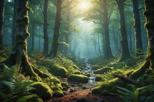 Immerse in the pure serenity of this sunlit forest pathway, perfectly suited for nature blogs, travel sites, or to signify the concept of life journey.