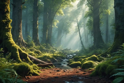 Bask in the captivating allure of a magical forest bathed in sunlight, as captured by this image. Perfect for use in meditation guides, tourism, or eco-travel promotions.
