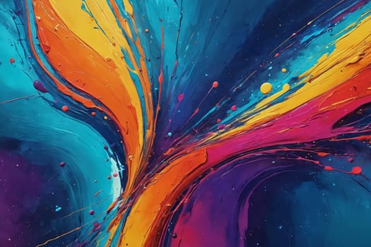 Experience an extreme close-up of a riotous splatter painting, flooding with energetic color splashes. Perfect for art lessons, abstract art discussions, or creative exploration blogs.