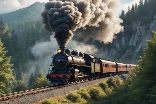 Historic locomotive charges ahead surrounded by a canopy of green, steam marking its path.