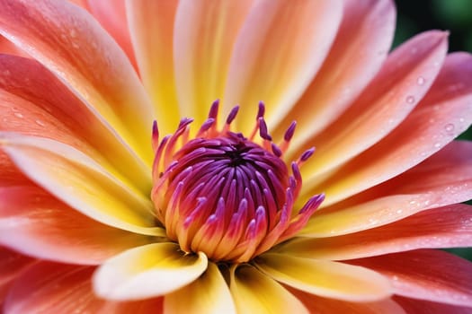 Exquisite pink-orange dahlia, dew-kissed petals in focus, showcasing nature's artistry.