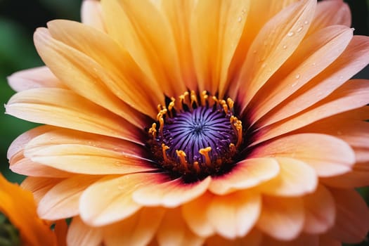 Details of a dahlia: dewdrops glisten on the vibrant transition from pink to orange petals.