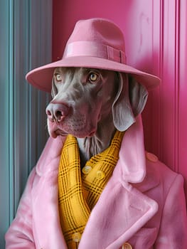 A carnivorous dog breed wearing a pink sun hat and coat, with floppy ears and a friendly snout. Known as a loyal companion dog and a hardworking animal