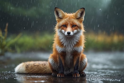 Amid a gentle rainfall, a red fox captures a moment of serene contemplation in the wild.