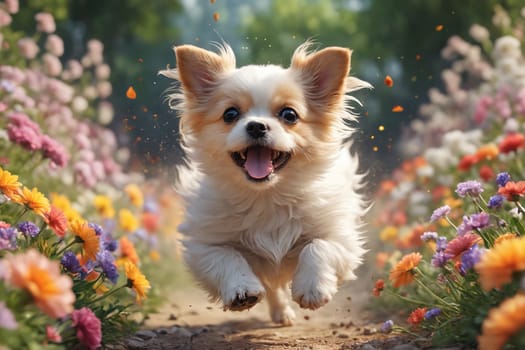 Capture the essence of joy with a dog running blissfully in a vibrant flower garden.