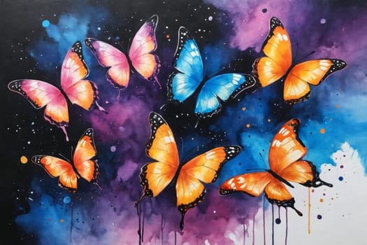 A spectacular vision of a butterfly gathering, where beautiful creatures in pink, blue, and orange dance against a striking black backdrop. Perfect for projects seeking to blend mystique and vibrancy.