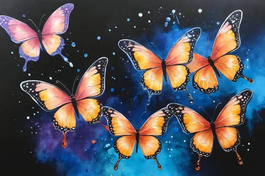 A spectacular vision of a butterfly gathering, where beautiful creatures in pink, blue, and orange dance against a striking black backdrop. Perfect for projects seeking to blend mystique and vibrancy.