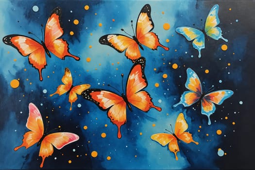 A vivid painting of Monarch butterflies soaring over a rhythm of blue and orange. The artist's use of ink and watercolor creates a dynamic, energetic effect, perfect for projects needing a touch of artistic inspiration.