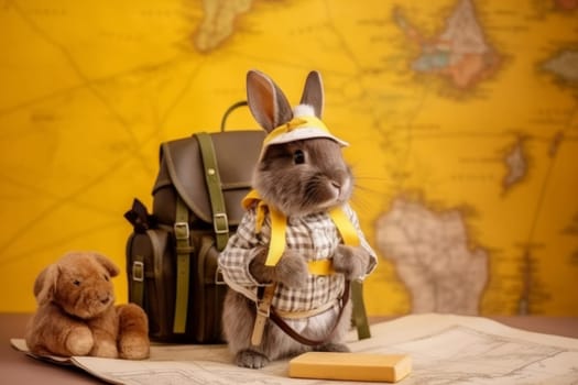 A charming rabbit dressed in a cowboy hat and backpack, posing against a vivid yellow background