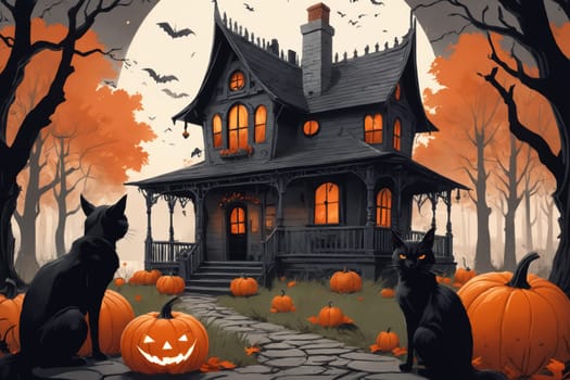 An enchanting Halloween-themed image showcasing a house adorned with festive decorations. The black cat in the foreground adds a classic spooky touch.