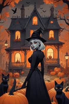 A person dressed as a witch stands among eerie carved pumpkins, with a haunted house in the background, under a full moon.