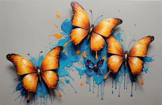 This abstract painting represents the captivating charm of four butterflies amidst a dynamic explosion of colors. An ideal choice for enhancing the vibrancy of any project.