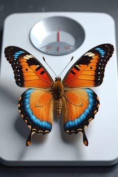 The intricate beauty of a butterfly contrasts with the modernity of a digital scale, highlighting delicate natural patterns.