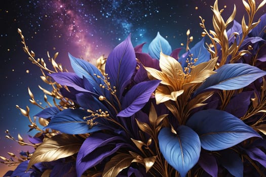 Embrace a futuristic vision with these metallic gold flowers and leaves shining in a digital realm.