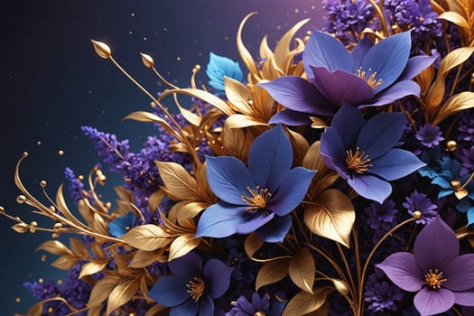 Gold leaves and luminous flowers crafted in a computer-generated landscape radiate virtual beauty.