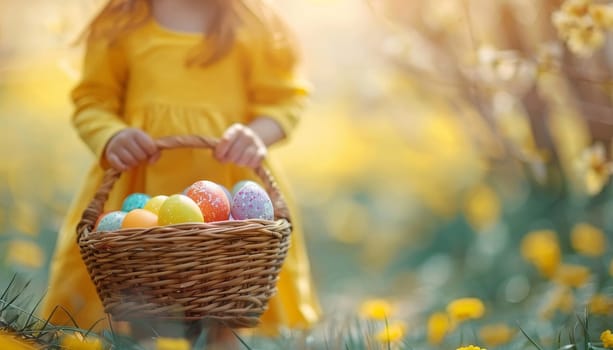 A young girl holding a basket of Easter eggs in a field by AI generated image.