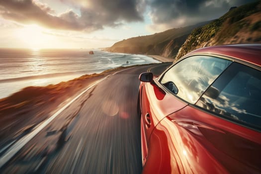 Dynamic perspective of a red car driving fast on a coastal road at sunset, with motion blur accentuating the sense of speed.