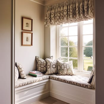 Window seat, interior design and comfort at home, reading nook with cushions and decor in a country house, English cottage style, post-processed, generative ai