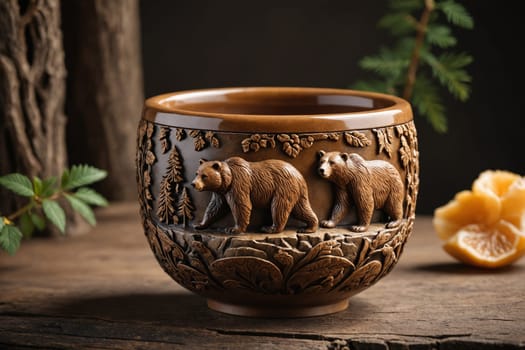 For the nature lover: a rustic mug with intricate bear and landscape detailing, perfect for cabin vibes.