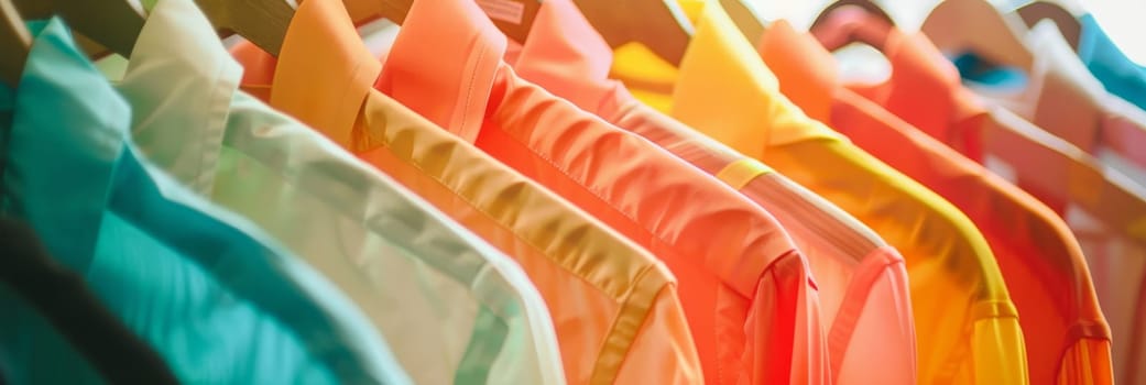 A rack of clothes with a variety of colors and patterns by AI generated image.